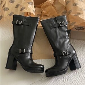 NWT Harley Davidson Black  leather moto boots motorcycle new  box silver buckle